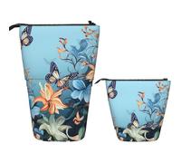 LZQPOEAS Blue butterfly floral Pencil Case Telescopic Pen Pouch Standing Pencil Bag Pop Up Pencil Holder With Zipper Travel Coin Pouch Purse Portable Makeup Bag for Office Holiday Gift