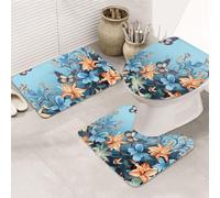 LZQPOEAS Blue Butterfly Floral Print Bathroom Rug Set 3 Piece Includes Non Slip Bath Mat, Contour Mat and Toilet Lid Cover Ultra Soft Microfiber Bathroom Floor Mats Set