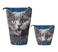 LZQPOEAS Blue cat sticking out tongue Pencil Case Telescopic Pen Pouch Standing Pencil Bag Pop Up Pencil Holder With Zipper Travel Coin Pouch Purse Portable Makeup Bag for Office Holiday Gift