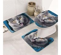 LZQPOEAS Blue cat Sticking Out Tongue Print Bathroom Rug Set 3 Piece Includes Non Slip Bath Mat, Contour Mat and Toilet Lid Cover Ultra Soft Microfiber Bathroom Floor Mats Set
