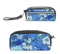 LZQPOEAS Blue Floral Pen Case Cosmetic Makeup Bag PU Leather Cosmetic Pencil Bags Small Soft Makeup Pouch with Zipper Waterproof Makeup Brush Holder for Women Men Office