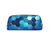 LZQPOEAS Blue hexagon Pencil Case Leather Pen Bag Travel Makeup Bag Zipper Organizer Bag for Women Men