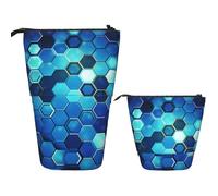 LZQPOEAS Blue hexagon Pencil Case Telescopic Pen Pouch Standing Pencil Bag Pop Up Pencil Holder With Zipper Travel Coin Pouch Purse Portable Makeup Bag for Office Holiday Gift