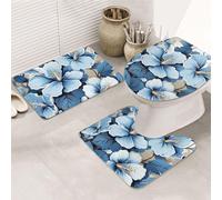 LZQPOEAS Blue Hibiscus Flower Print Bathroom Rug Set 3 Piece Includes Non Slip Bath Mat, Contour Mat and Toilet Lid Cover Ultra Soft Microfiber Bathroom Floor Mats Set