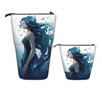 LZQPOEAS Blue Mermaid Pencil Case Telescopic Pen Pouch Standing Pencil Bag Pop Up Pencil Holder With Zipper Travel Coin Pouch Purse Portable Makeup Bag for Office Holiday Gift