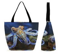 LZQPOEAS Blue Ringed Octopus Tote Bag for Women Lightweight Casual Shoulder Bag Reusable Grocery Shopping Bag Large Capacity Everyday Handbag for Travel Work Gym Office Daily Use