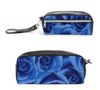 LZQPOEAS Blue Rose Pen Case Cosmetic Makeup Bag PU Leather Cosmetic Pencil Bags Small Soft Makeup Pouch with Zipper Waterproof Makeup Brush Holder for Women Men Office