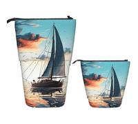 LZQPOEAS Blue Sailboat Pencil Case Telescopic Pen Pouch Standing Pencil Bag Pop Up Pencil Holder With Zipper Travel Coin Pouch Purse Portable Makeup Bag for Office Holiday Gift
