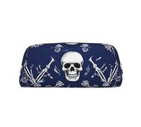 LZQPOEAS Blue skull and bones Pencil Case Leather Pen Bag Travel Makeup Bag Zipper Organizer Bag for Women Men