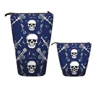 LZQPOEAS Blue skull and bones Pencil Case Telescopic Pen Pouch Standing Pencil Bag Pop Up Pencil Holder With Zipper Travel Coin Pouch Purse Portable Makeup Bag for Office Holiday Gift