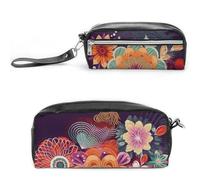 LZQPOEAS Bohemian Colored Flower Pen Case Cosmetic Makeup Bag PU Leather Cosmetic Pencil Bags Small Soft Makeup Pouch with Zipper Waterproof Makeup Brush Holder for Women Men Office