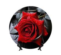 LZQPOEAS Bone China Decorative Plate with Display Stand, A Red rose Ceramic Decorative Plate Personalized Ceramic Ornament Round Dinner Plates Art Crafts for Wall Hanging Decoration 8in