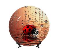 LZQPOEAS Bone China Decorative Plate with Display Stand, Art Ladybug Tracks Ceramic Decorative Plate Personalized Ceramic Ornament Round Dinner Plates Art Crafts for Wall Hanging Decoration 8in