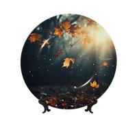 LZQPOEAS Bone China Decorative Plate with Display Stand, Autumn leaves flying in the misty forest Ceramic Decorative Plate Personalized Ceramic Ornament Round Dinner Plates Art Crafts 10in