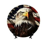 LZQPOEAS Bone China Decorative Plate with Display Stand, Bald Eagle Flag Veterans Ceramic Decorative Plate Personalized Ceramic Ornament Round Dinner Plates Art Crafts for Wall Hanging Decoration 7in