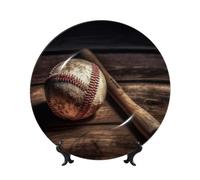 LZQPOEAS Bone China Decorative Plate with Display Stand, Baseball on Wooden Ceramic Decorative Plate Personalized Ceramic Ornament Round Dinner Plates Art Crafts for Wall Hanging Decoration 10in