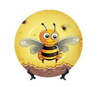 LZQPOEAS Bone China Decorative Plate with Display Stand, Bee on the square Ceramic Decorative Plate Personalized Ceramic Ornament Round Dinner Plates Art Crafts for Wall Hanging Decoration 8in