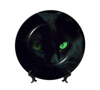 LZQPOEAS Bone China Decorative Plate with Display Stand, Black cat green eyes Ceramic Decorative Plate Personalized Ceramic Ornament Round Dinner Plates Art Crafts for Wall Hanging Decoration 10in