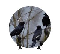LZQPOEAS Bone China Decorative Plate with Display Stand, Black Crow Birds Ceramic Decorative Plate Personalized Ceramic Ornament Round Dinner Plates Art Crafts for Wall Hanging Decoration 10in