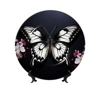 LZQPOEAS Bone China Decorative Plate with Display Stand, Black White Butterfly Ceramic Decorative Plate Personalized Ceramic Ornament Round Dinner Plates Art Crafts for Wall Hanging Decoration 7in