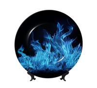 LZQPOEAS Bone China Decorative Plate with Display Stand, Blue Flame Ceramic Decorative Plate Personalized Ceramic Ornament Round Dinner Plates Art Crafts for Wall Hanging Decoration 10in