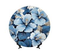 LZQPOEAS Bone China Decorative Plate with Display Stand, Blue hibiscus flower Ceramic Decorative Plate Personalized Ceramic Ornament Round Dinner Plates Art Crafts for Wall Hanging Decoration 6in