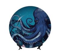 LZQPOEAS Bone China Decorative Plate with Display Stand, Blue octopus tentacles illustration Ceramic Decorative Plate Personalized Ceramic Ornament Round Dinner Plates Art Crafts 7in