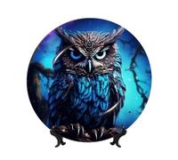 LZQPOEAS Bone China Decorative Plate with Display Stand, Blue Owl Ceramic Decorative Plate Personalized Ceramic Ornament Round Dinner Plates Art Crafts for Wall Hanging Decoration 8in