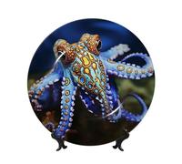 LZQPOEAS Bone China Decorative Plate with Display Stand, Blue Ringed Octopus Ceramic Decorative Plate Personalized Ceramic Ornament Round Dinner Plates Art Crafts for Wall Hanging Decoration 10in