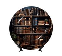LZQPOEAS Bone China Decorative Plate with Display Stand, Books on the Bookshelf Ceramic Decorative Plate Personalized Ceramic Ornament Round Dinner Plates Art Crafts for Wall Hanging Decoration 7in