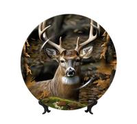 LZQPOEAS Bone China Decorative Plate with Display Stand, Camouflage Deer Ceramic Decorative Plate Personalized Ceramic Ornament Round Dinner Plates Art Crafts for Wall Hanging Decoration 8in