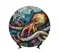 LZQPOEAS Bone China Decorative Plate with Display Stand, Color Graffiti Octopus Ceramic Decorative Plate Personalized Ceramic Ornament Round Dinner Plates Art Crafts for Wall Hanging Decoration 6in