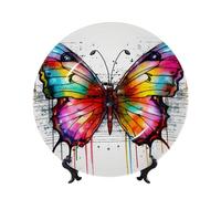 LZQPOEAS Bone China Decorative Plate with Display Stand, Colorful Butterfly Ceramic Decorative Plate Personalized Ceramic Ornament Round Dinner Plates Art Crafts for Wall Hanging Decoration 6in