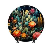 LZQPOEAS Bone China Decorative Plate with Display Stand, Colorful Cactus Pattern Ceramic Decorative Plate Personalized Ceramic Ornament Round Dinner Plates Art Crafts for Wall Hanging Decoration 10in