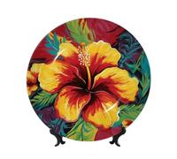 LZQPOEAS Bone China Decorative Plate with Display Stand, Colorful hibiscus Ceramic Decorative Plate Personalized Ceramic Ornament Round Dinner Plates Art Crafts for Wall Hanging Decoration 6in