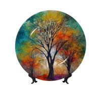 LZQPOEAS Bone China Decorative Plate with Display Stand, Colorful Life Trees Ceramic Decorative Plate Personalized Ceramic Ornament Round Dinner Plates Art Crafts for Wall Hanging Decoration 7in