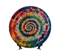 LZQPOEAS Bone China Decorative Plate with Display Stand, Colorful Spiral Tie Dye Ceramic Decorative Plate Personalized Ceramic Ornament Round Dinner Plates Art Crafts for Wall Hanging Decoration 10in
