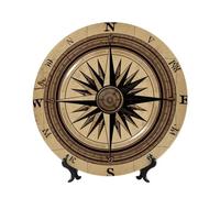 LZQPOEAS Bone China Decorative Plate with Display Stand, Compass Wind Road Map Ceramic Decorative Plate Personalized Ceramic Ornament Round Dinner Plates Art Crafts for Wall Hanging Decoration 6in
