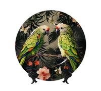 LZQPOEAS Bone China Decorative Plate with Display Stand, Couple Parrots Olive Ceramic Decorative Plate Personalized Ceramic Ornament Round Dinner Plates Art Crafts 6in