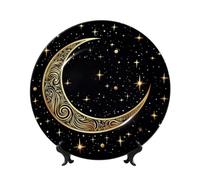 LZQPOEAS Bone China Decorative Plate with Display Stand, Crescent moon pattern on black background Ceramic Decorative Plate Personalized Ceramic Ornament Round Dinner Plates Art Crafts 6in
