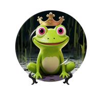 LZQPOEAS Bone China Decorative Plate with Display Stand, Crown frog Ceramic Decorative Plate Personalized Ceramic Ornament Round Dinner Plates Art Crafts for Wall Hanging Decoration 6in
