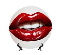 LZQPOEAS Bone China Decorative Plate with Display Stand, Cute Graphic Red Lips Ceramic Decorative Plate Personalized Ceramic Ornament Round Dinner Plates Art Crafts for Wall Hanging Decoration 7in
