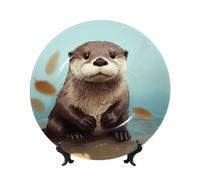 LZQPOEAS Bone China Decorative Plate with Display Stand, Cute otter Ceramic Decorative Plate Personalized Ceramic Ornament Round Dinner Plates Art Crafts for Wall Hanging Decoration 10in