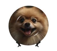 LZQPOEAS Bone China Decorative Plate with Display Stand, Cute Pomeranian Ceramic Decorative Plate Personalized Ceramic Ornament Round Dinner Plates Art Crafts for Wall Hanging Decoration 8in