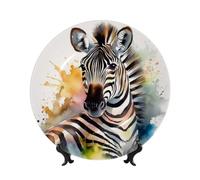 LZQPOEAS Bone China Decorative Plate with Display Stand, Cute zebra watercolor Ceramic Decorative Plate Personalized Ceramic Ornament Round Dinner Plates Art Crafts for Wall Hanging Decoration 8in