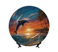 LZQPOEAS Bone China Decorative Plate with Display Stand, Dolphins and Palm Trees Ceramic Decorative Plate Personalized Ceramic Ornament Round Dinner Plates Art Crafts for Wall Hanging Decoration 10in