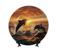LZQPOEAS Bone China Decorative Plate with Display Stand, Dolphins jumping out of the water at sunset Ceramic Decorative Plate Personalized Ceramic Ornament Round Dinner Plates Art Crafts 10in