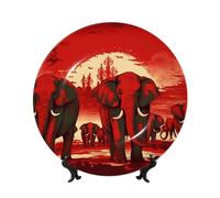 LZQPOEAS Bone China Decorative Plate with Display Stand, Elephants Red Ceramic Decorative Plate Personalized Ceramic Ornament Round Dinner Plates Art Crafts for Wall Hanging Decoration 10in