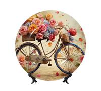 LZQPOEAS Bone China Decorative Plate with Display Stand, Flower bicycle Ceramic Decorative Plate Personalized Ceramic Ornament Round Dinner Plates Art Crafts for Wall Hanging Decoration 6in