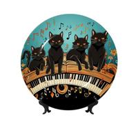LZQPOEAS Bone China Decorative Plate with Display Stand, Four black cats lying on the piano keyboard Ceramic Decorative Plate Personalized Ceramic Ornament Round Dinner Plates Art Crafts 10in